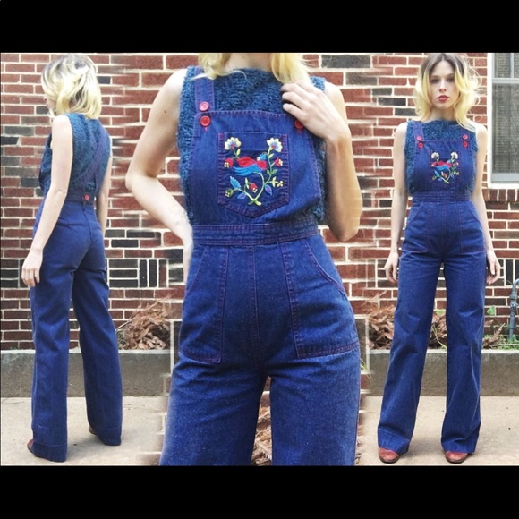 70s High Waisted Bird Floral Denim Overalls XS - Picture 1 of 5